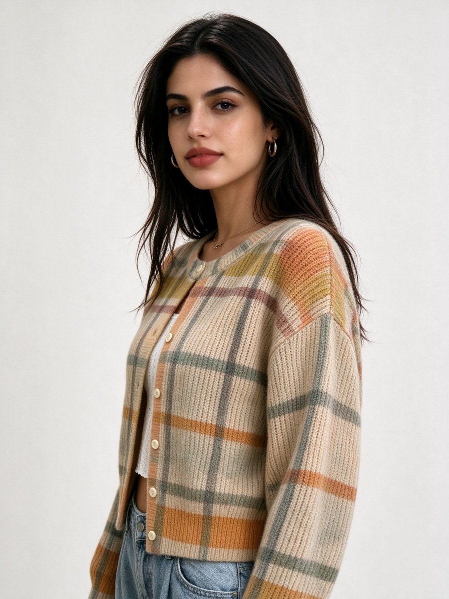 Plaid Knitted Cardigan