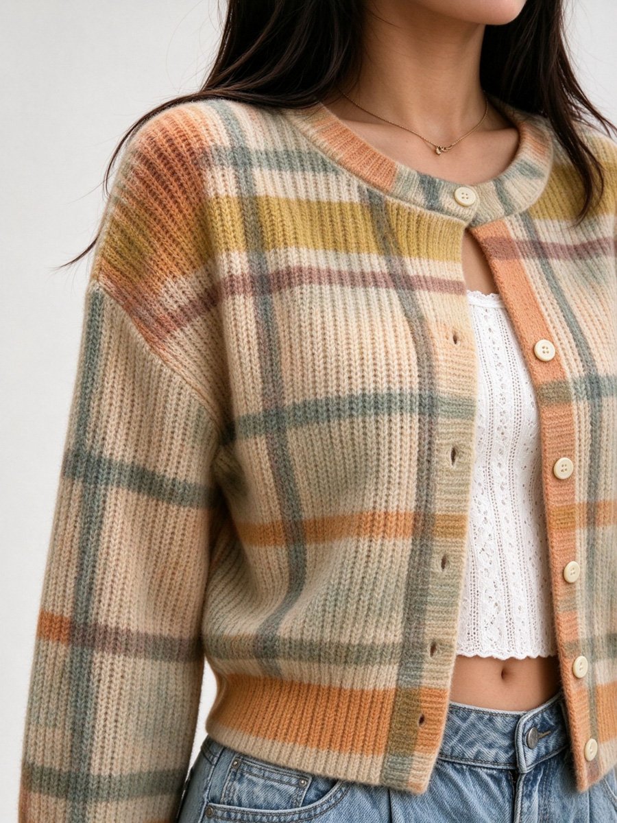 Plaid Knitted Cardigan