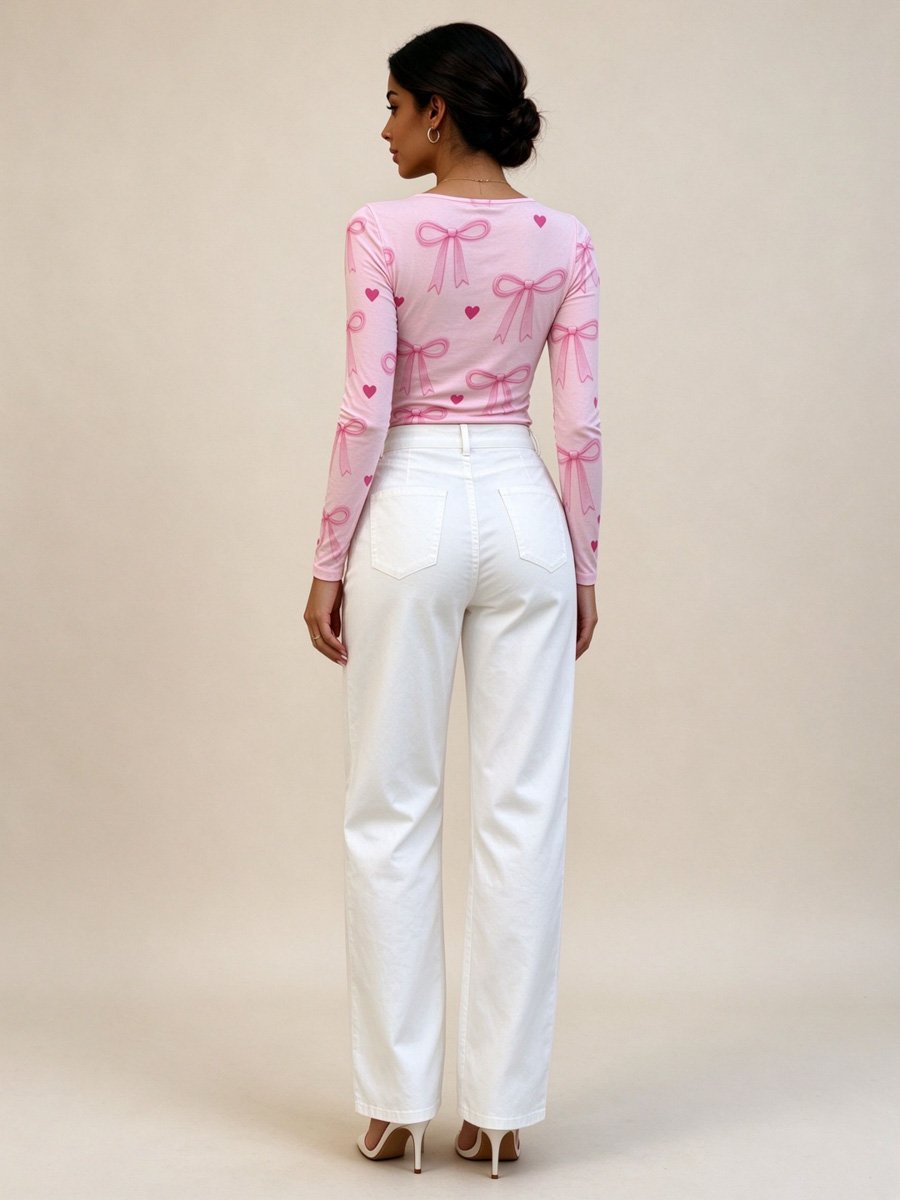 Pink Bow and Heart Print Long Sleeve T-Shirt