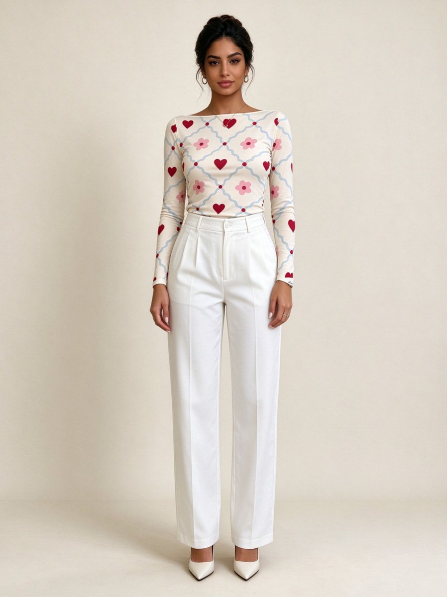Cream Heart and Flower Print Long Sleeve Top