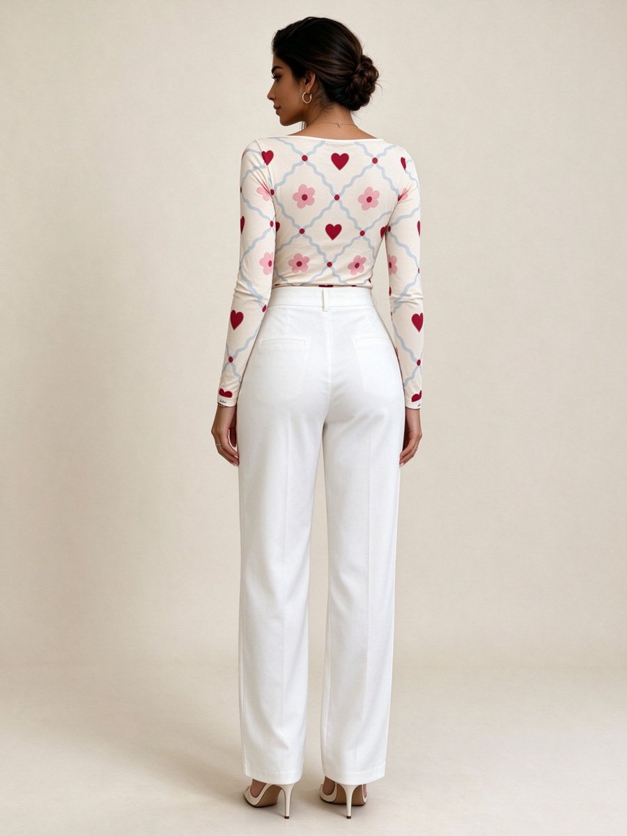 Cream Heart and Flower Print Long Sleeve Top