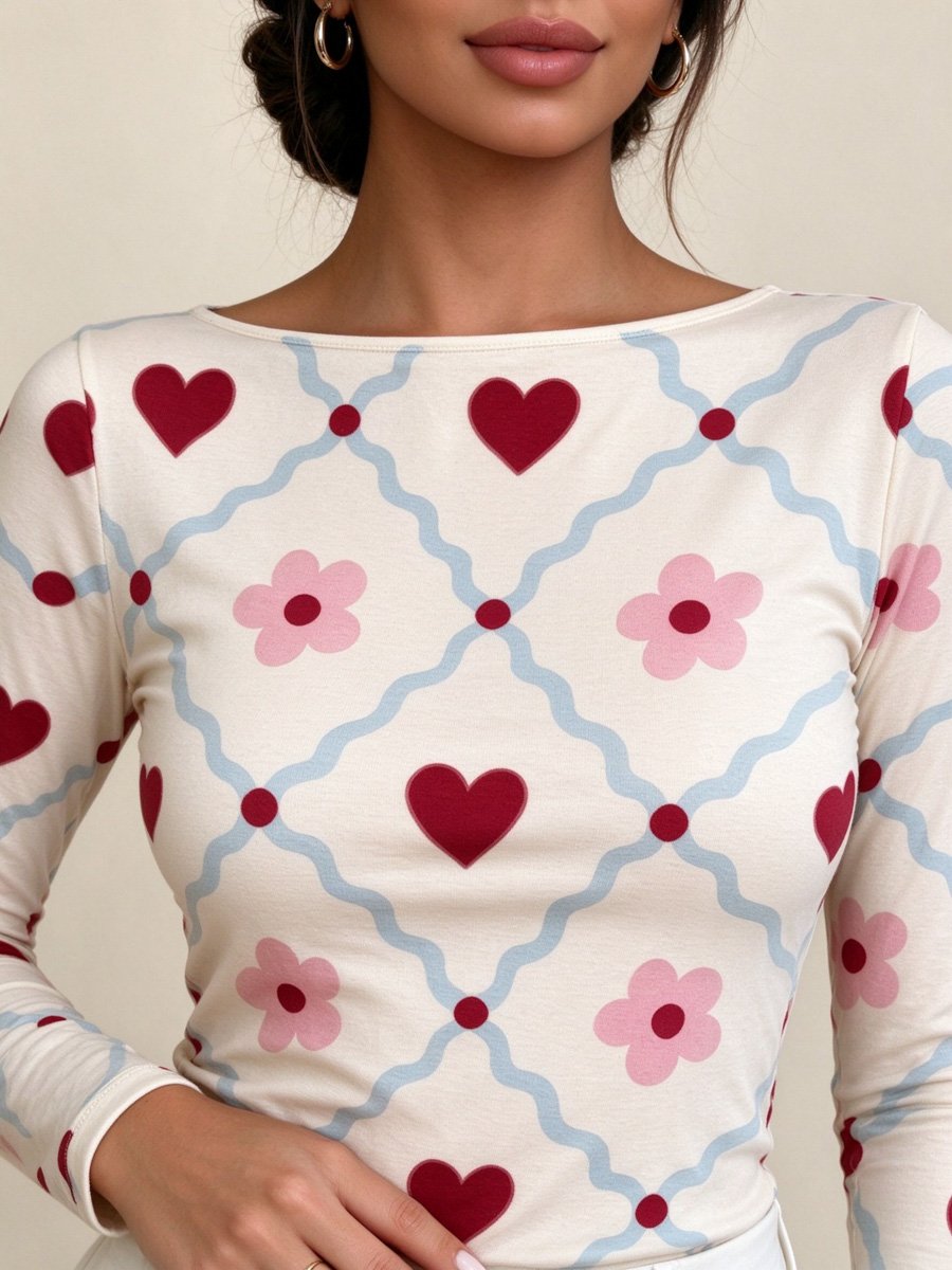Cream Heart and Flower Print Long Sleeve Top