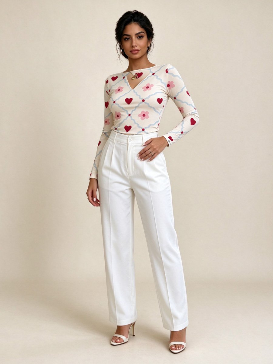 Cream Heart and Flower Print Long Sleeve Top