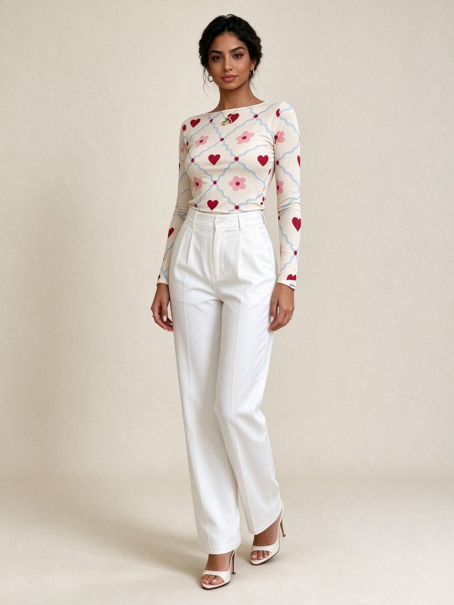 Cream Heart and Flower Print Long Sleeve Top