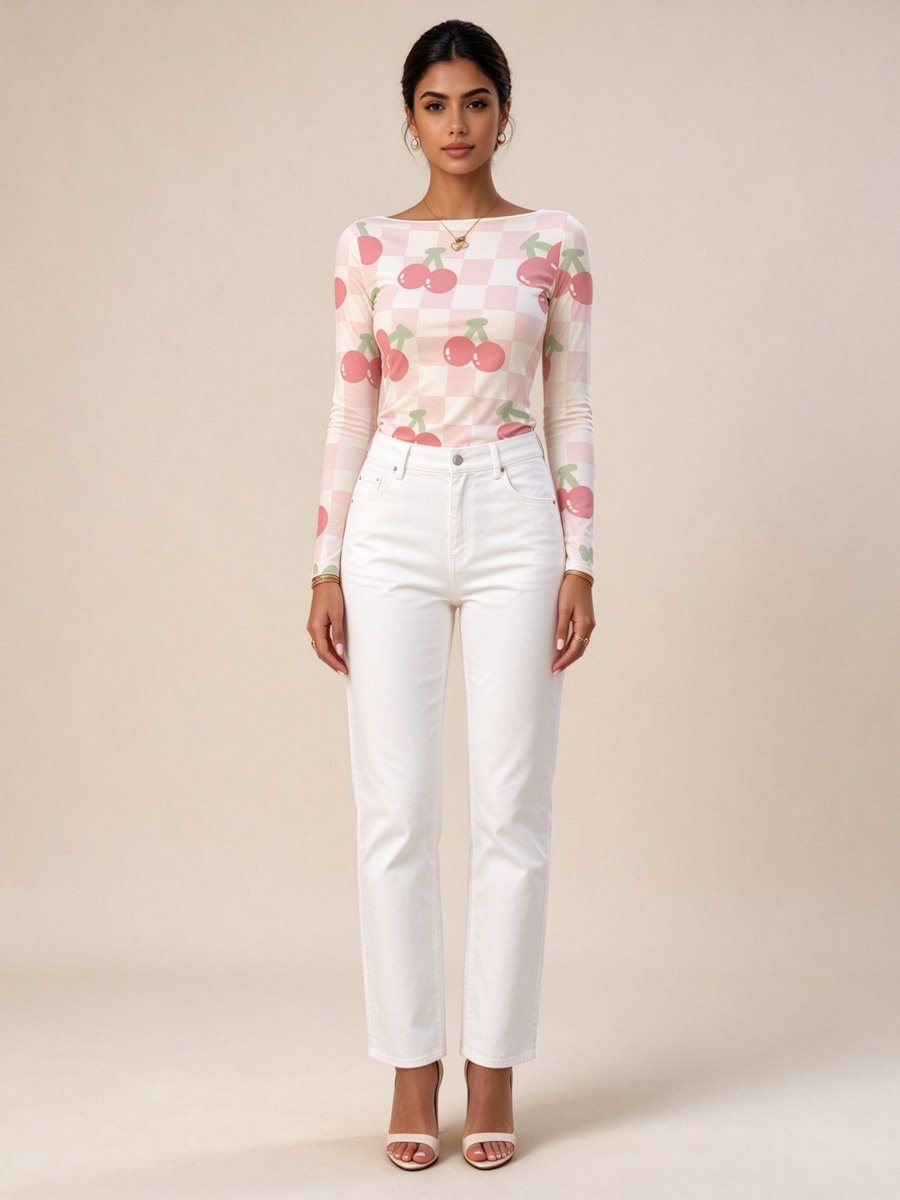 Light Pink Cherry Checkered Long Sleeve T-Shirt