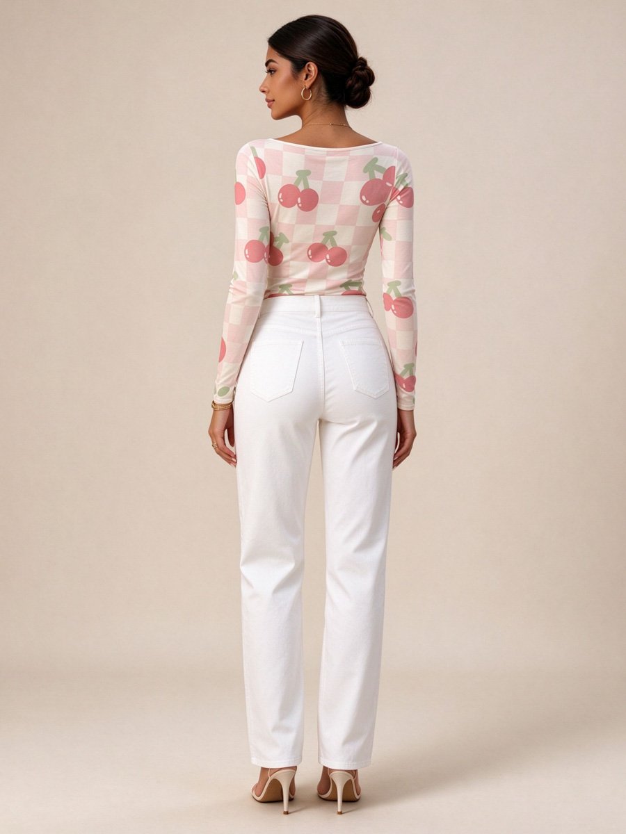 Light Pink Cherry Checkered Long Sleeve T-Shirt