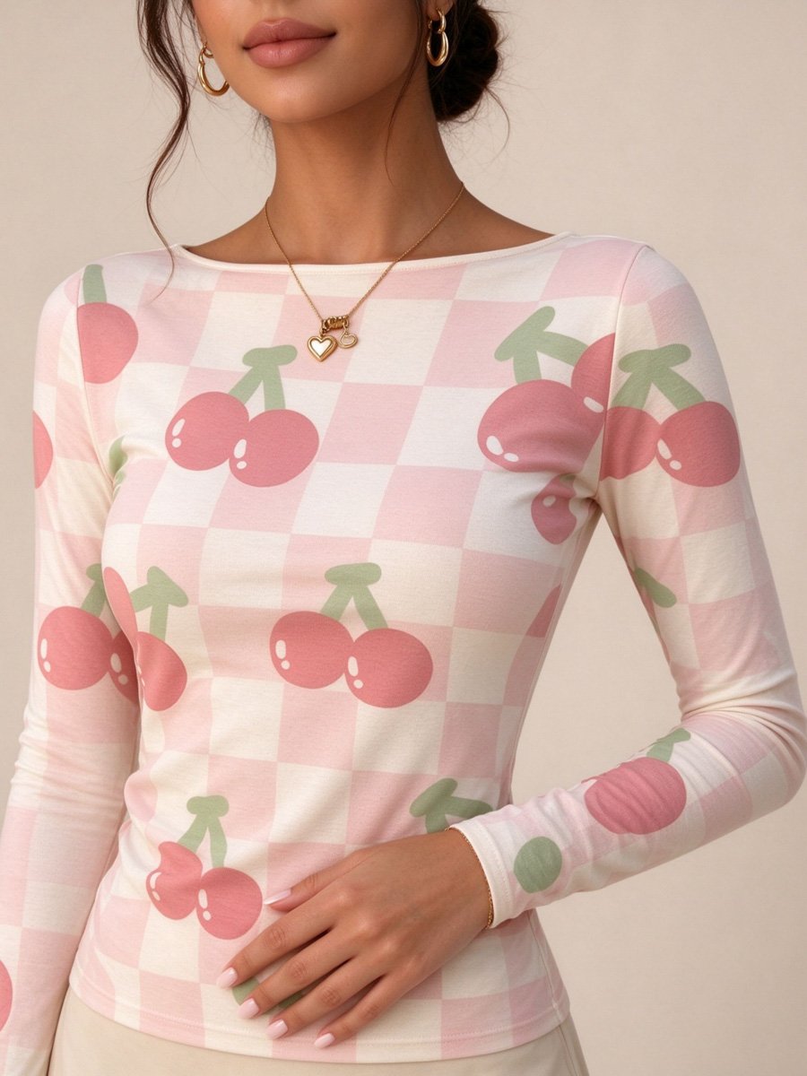 Light Pink Cherry Checkered Long Sleeve T-Shirt
