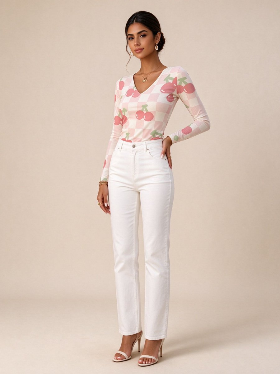 Light Pink Cherry Checkered Long Sleeve T-Shirt