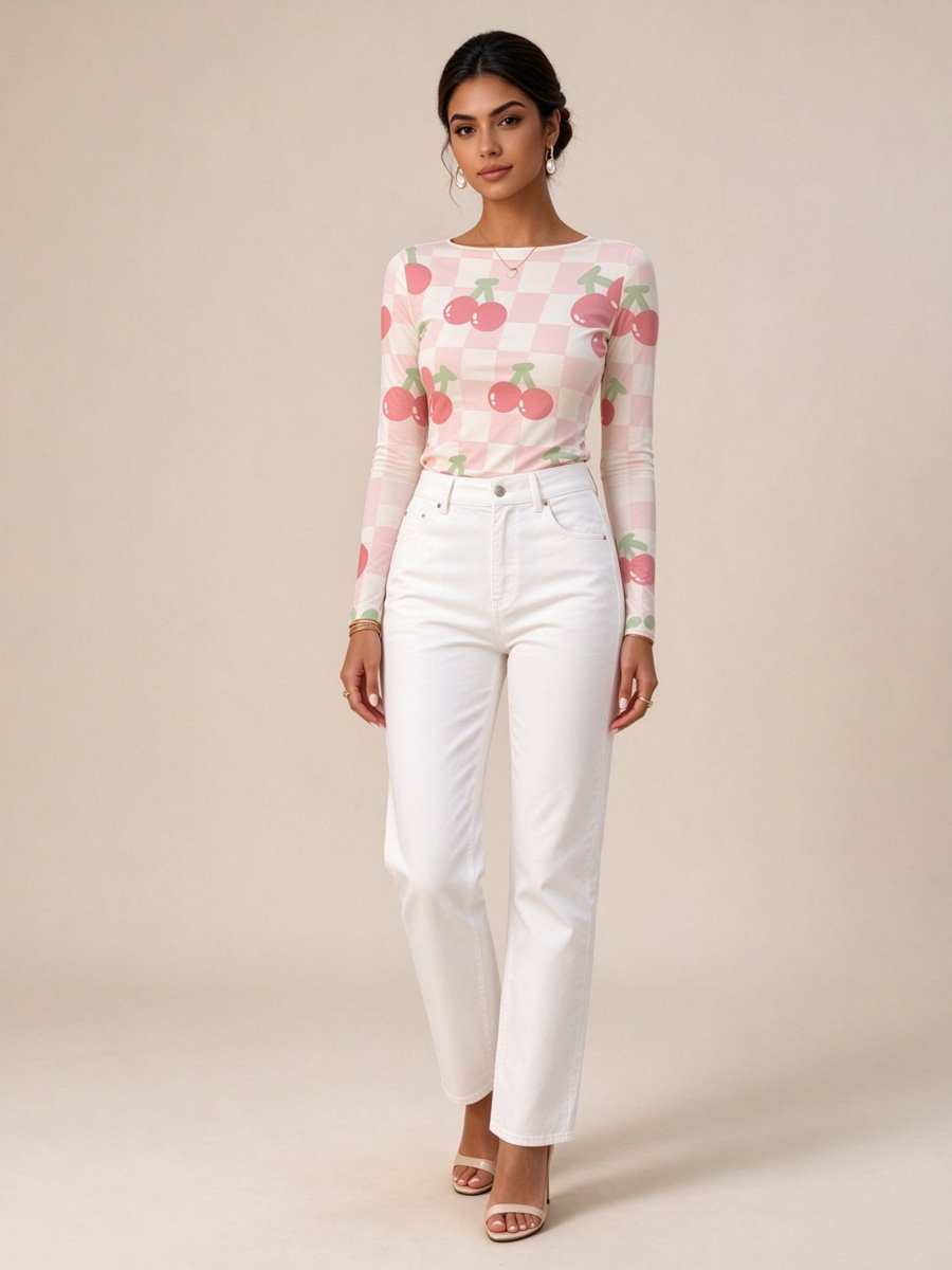 Light Pink Cherry Checkered Long Sleeve T-Shirt