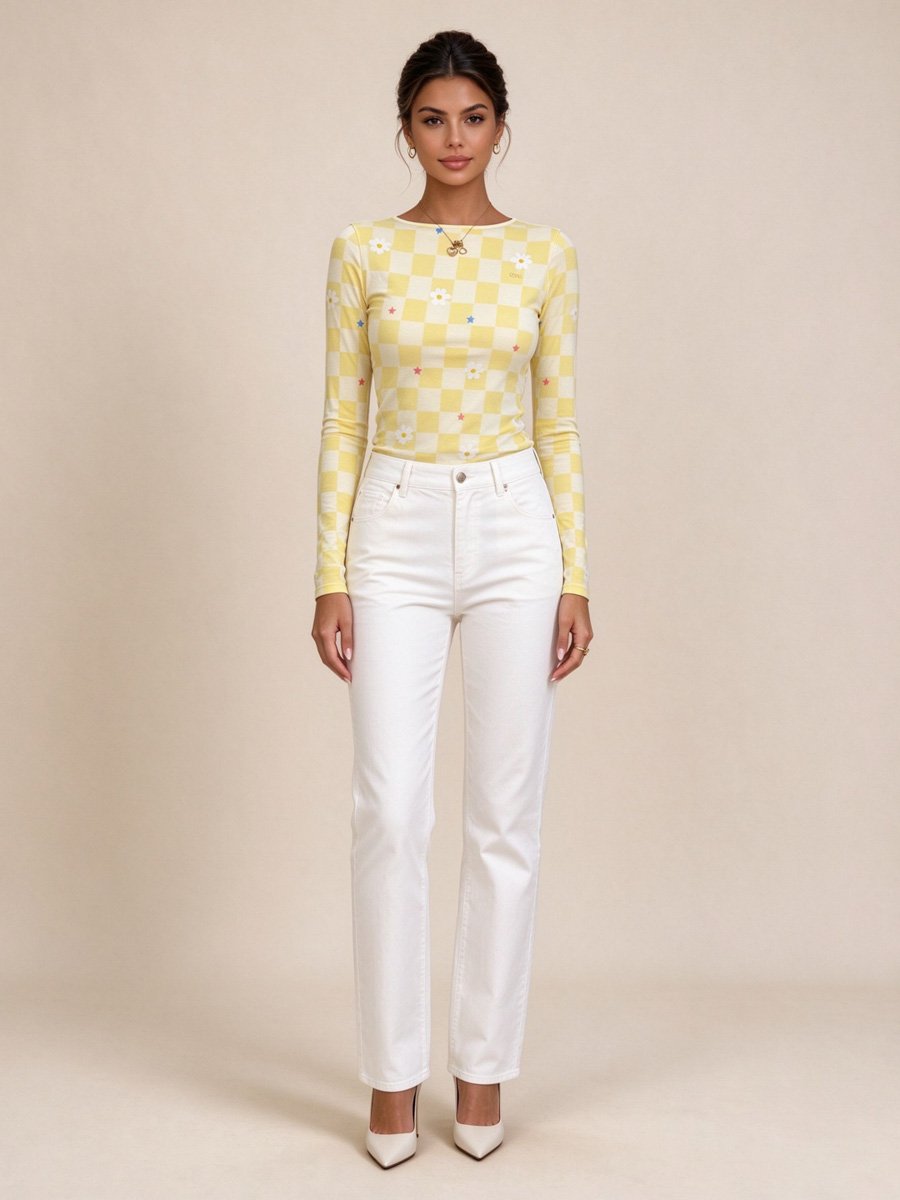 Yellow Gingham Daisy Print Long Sleeve Top