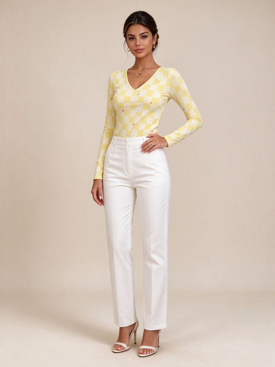 Yellow Gingham Daisy Print Long Sleeve Top