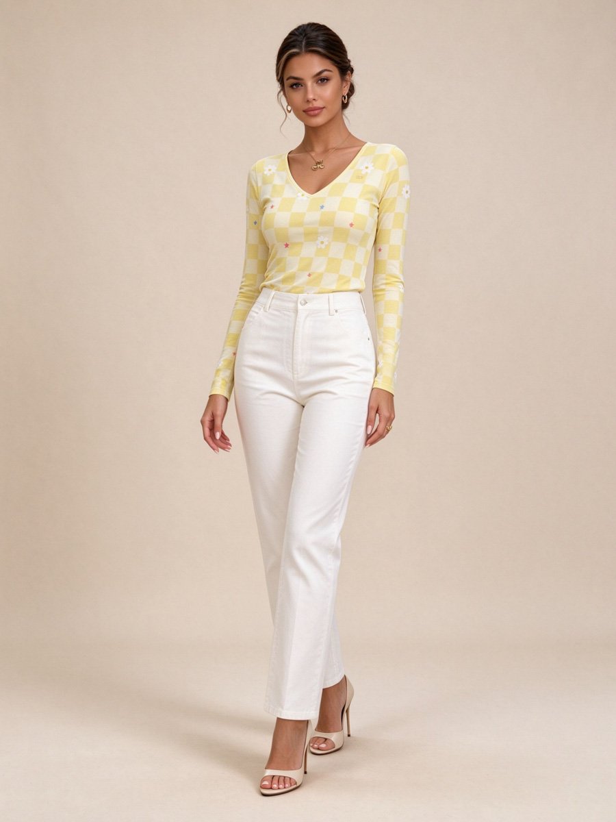 Yellow Gingham Daisy Print Long Sleeve Top