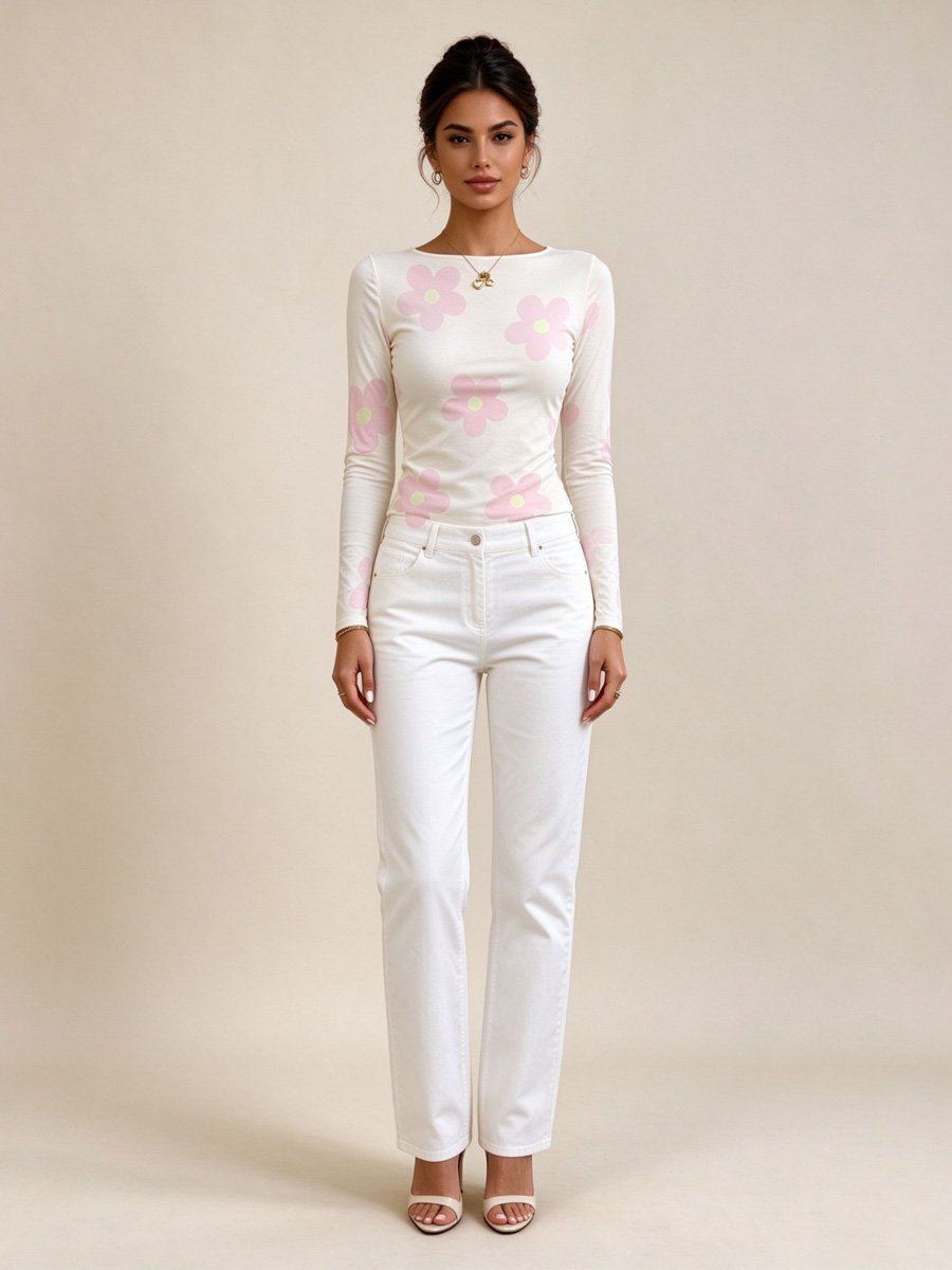 Light Pink Floral Round Neck T-Shirt
