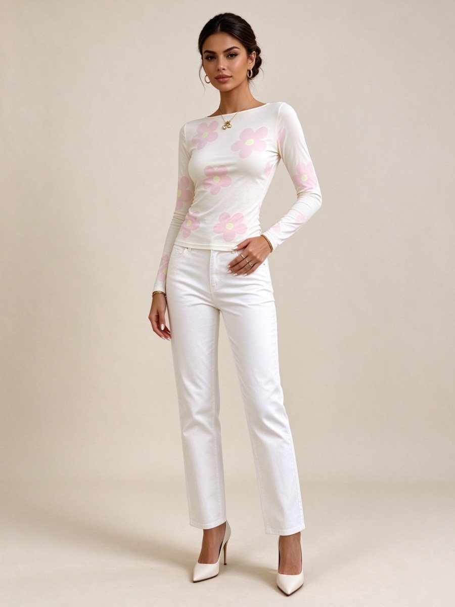 Light Pink Floral Round Neck T-Shirt
