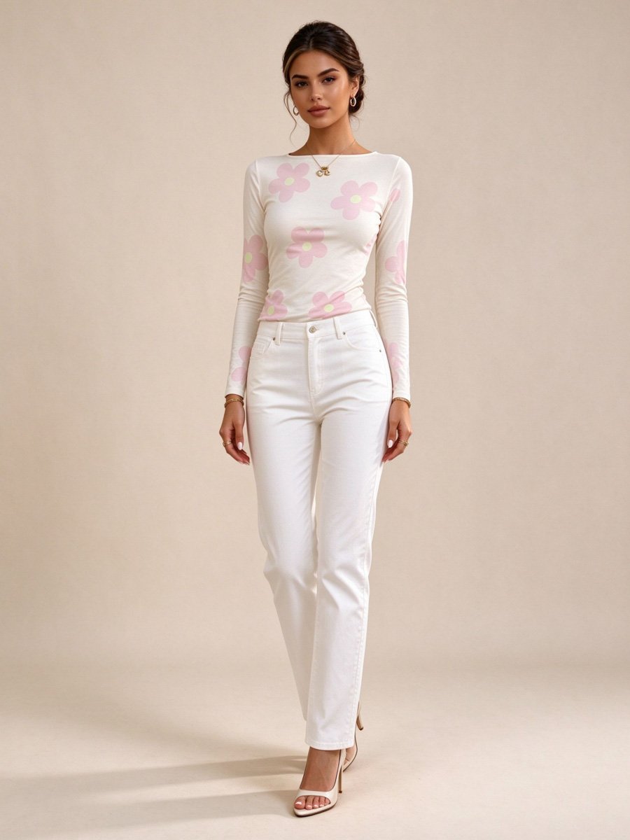 Light Pink Floral Round Neck T-Shirt