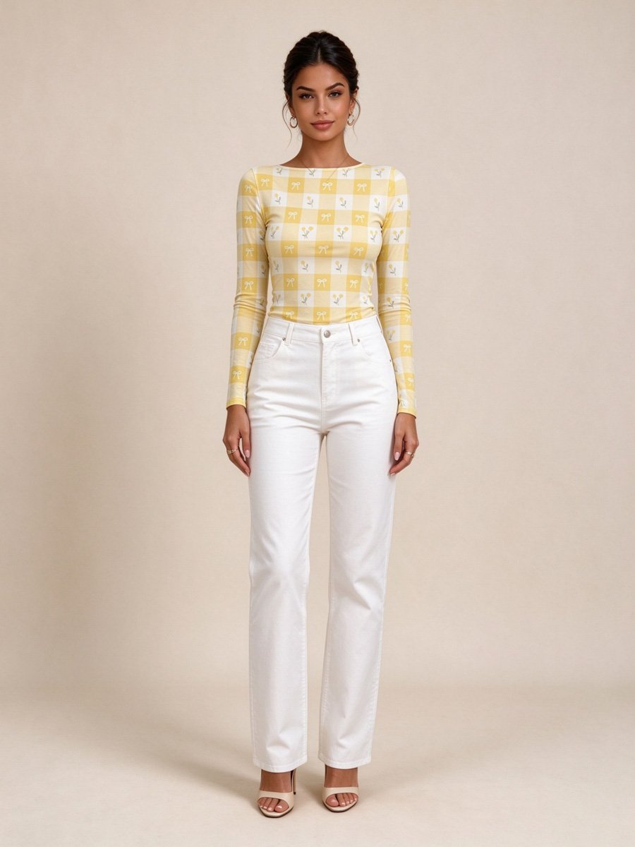 Yellow Gingham Bow Long Sleeve Top