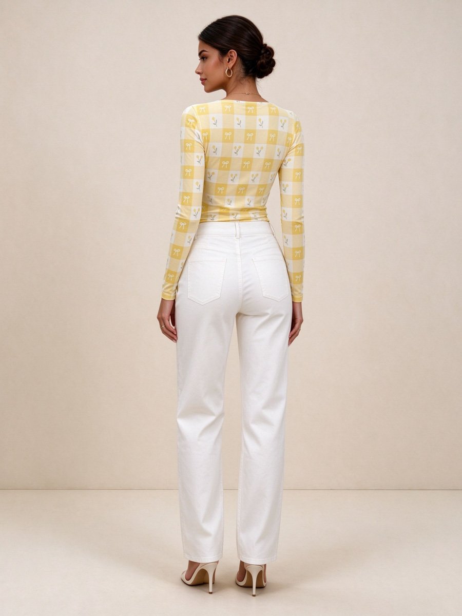 Yellow Gingham Bow Long Sleeve Top