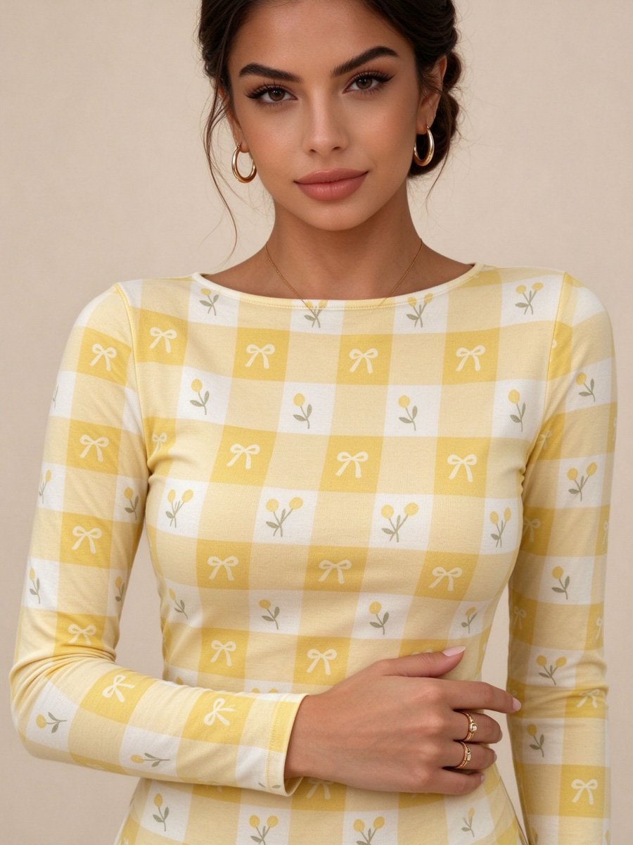 Yellow Gingham Bow Long Sleeve Top
