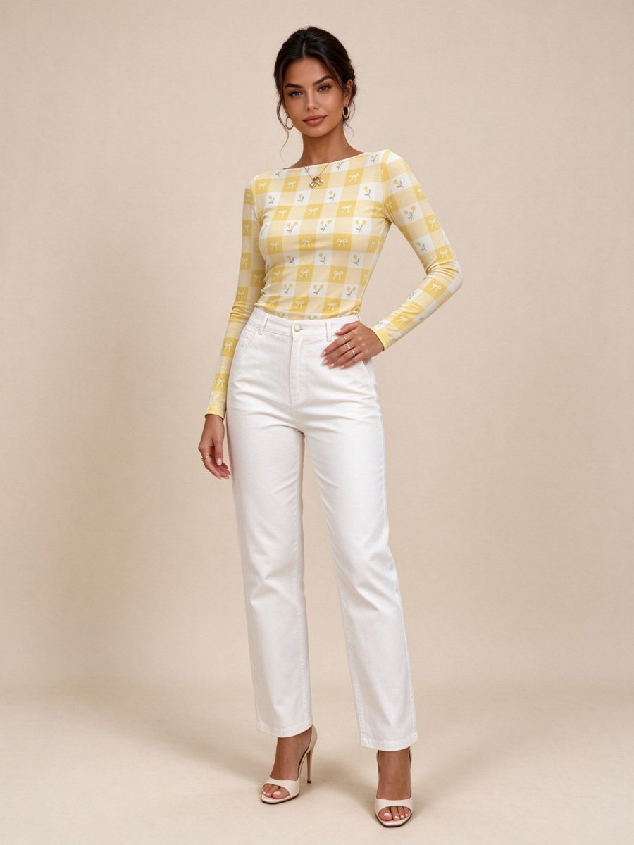 Yellow Gingham Bow Long Sleeve Top
