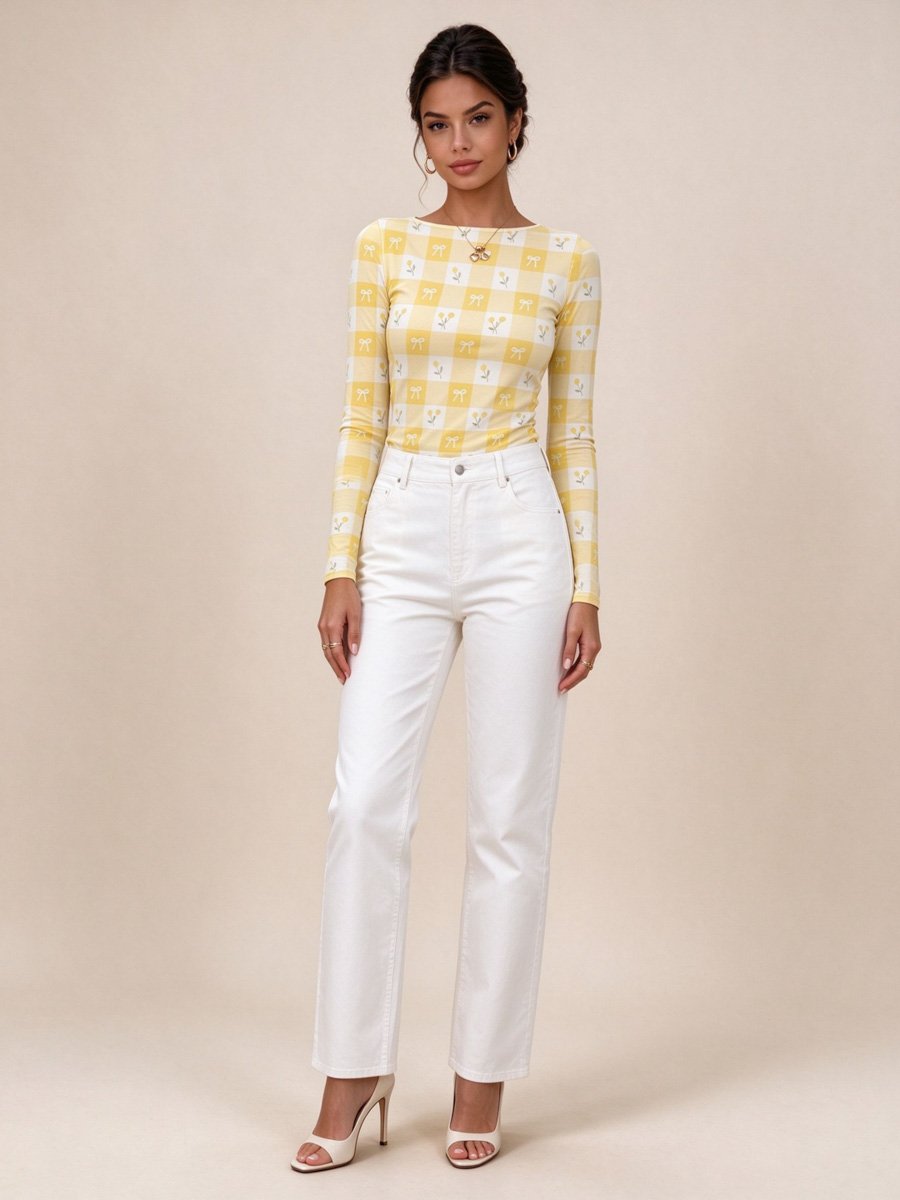 Yellow Gingham Bow Long Sleeve Top