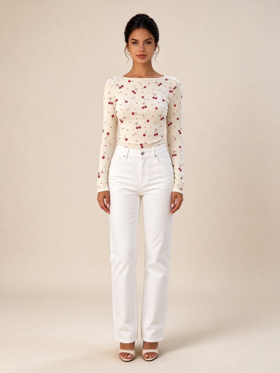 Khaki Cherry Print Long Sleeve Top