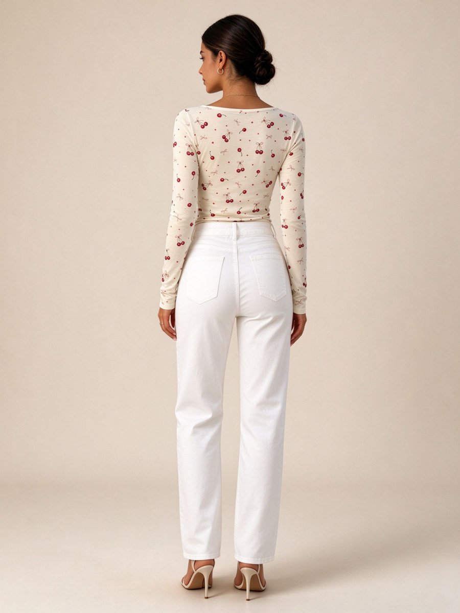 Khaki Cherry Print Long Sleeve Top
