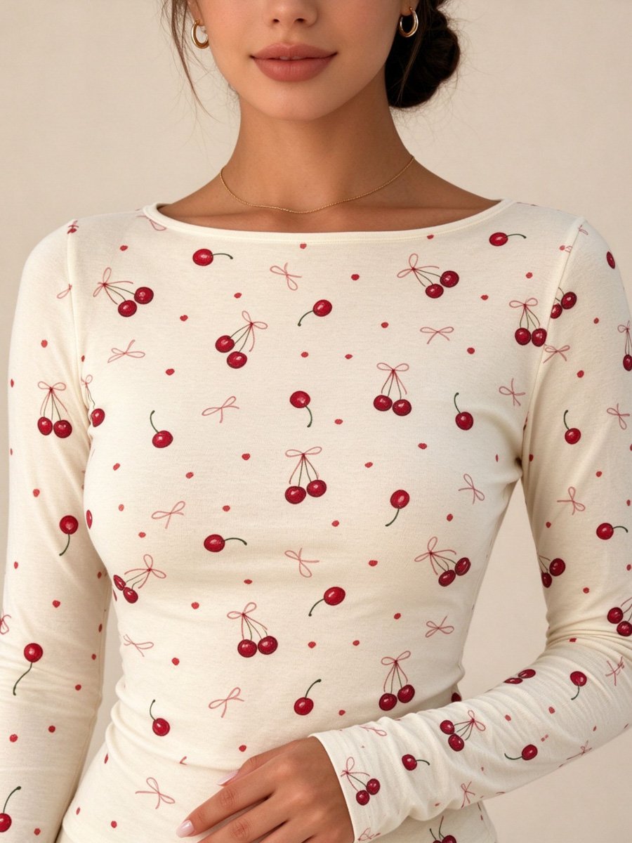 Khaki Cherry Print Long Sleeve Top