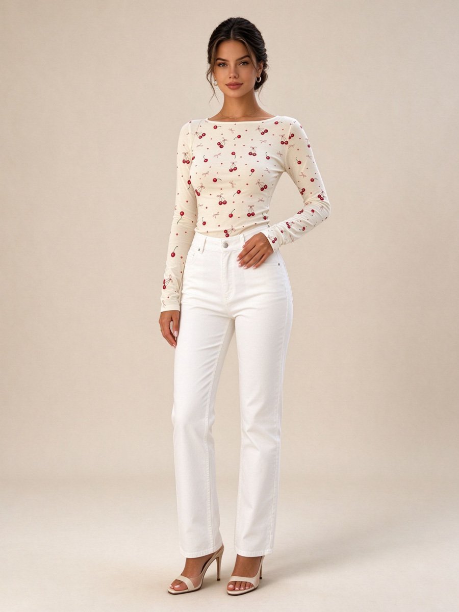 Khaki Cherry Print Long Sleeve Top