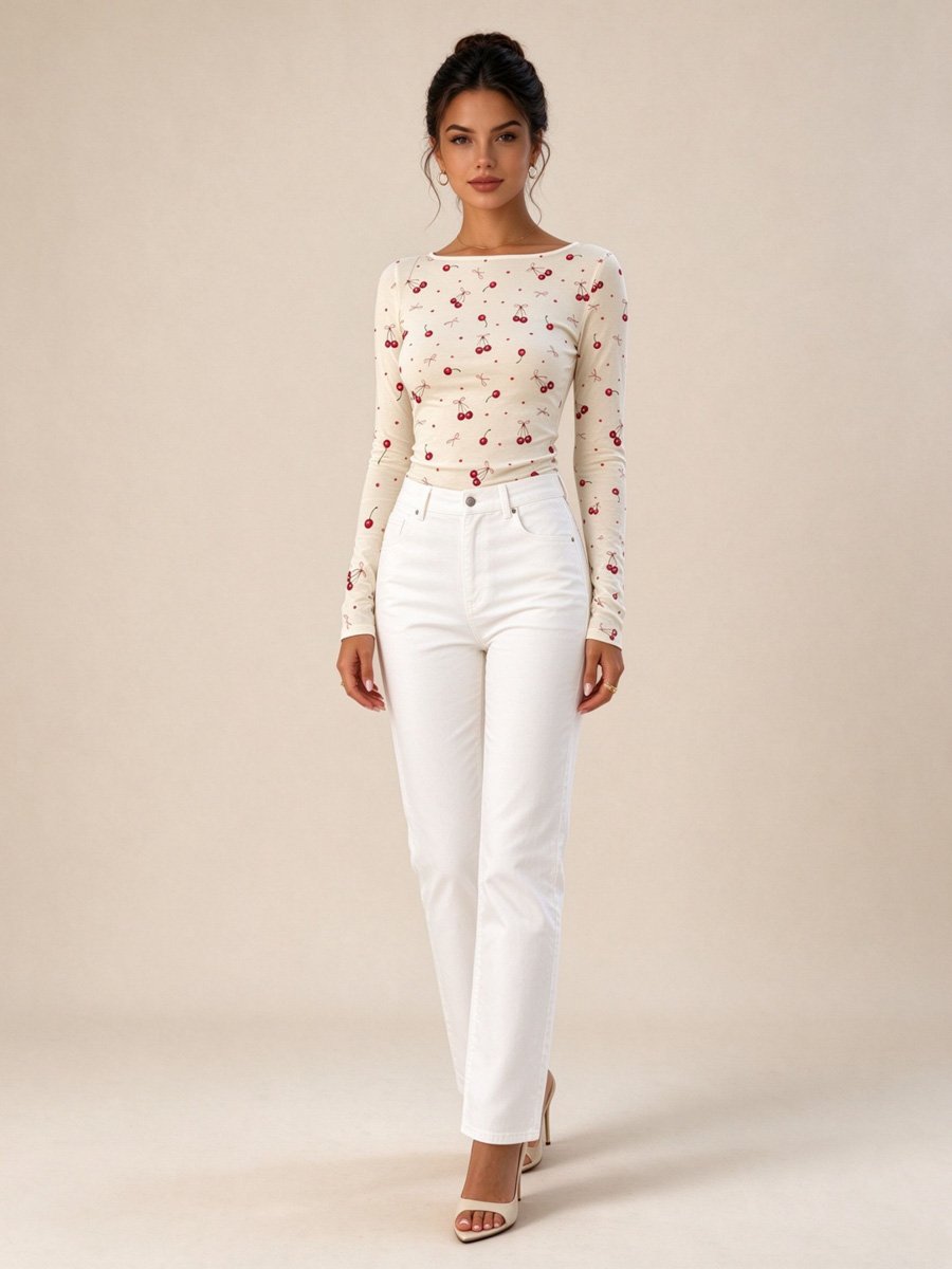 Khaki Cherry Print Long Sleeve Top