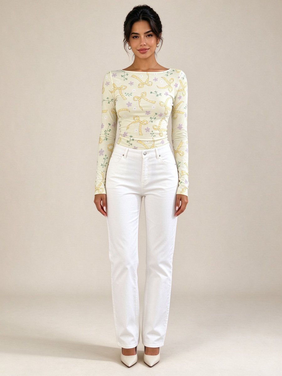 Cream Printed Long Sleeve T-Shirt