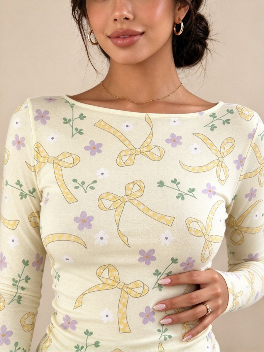 Cream Printed Long Sleeve T-Shirt