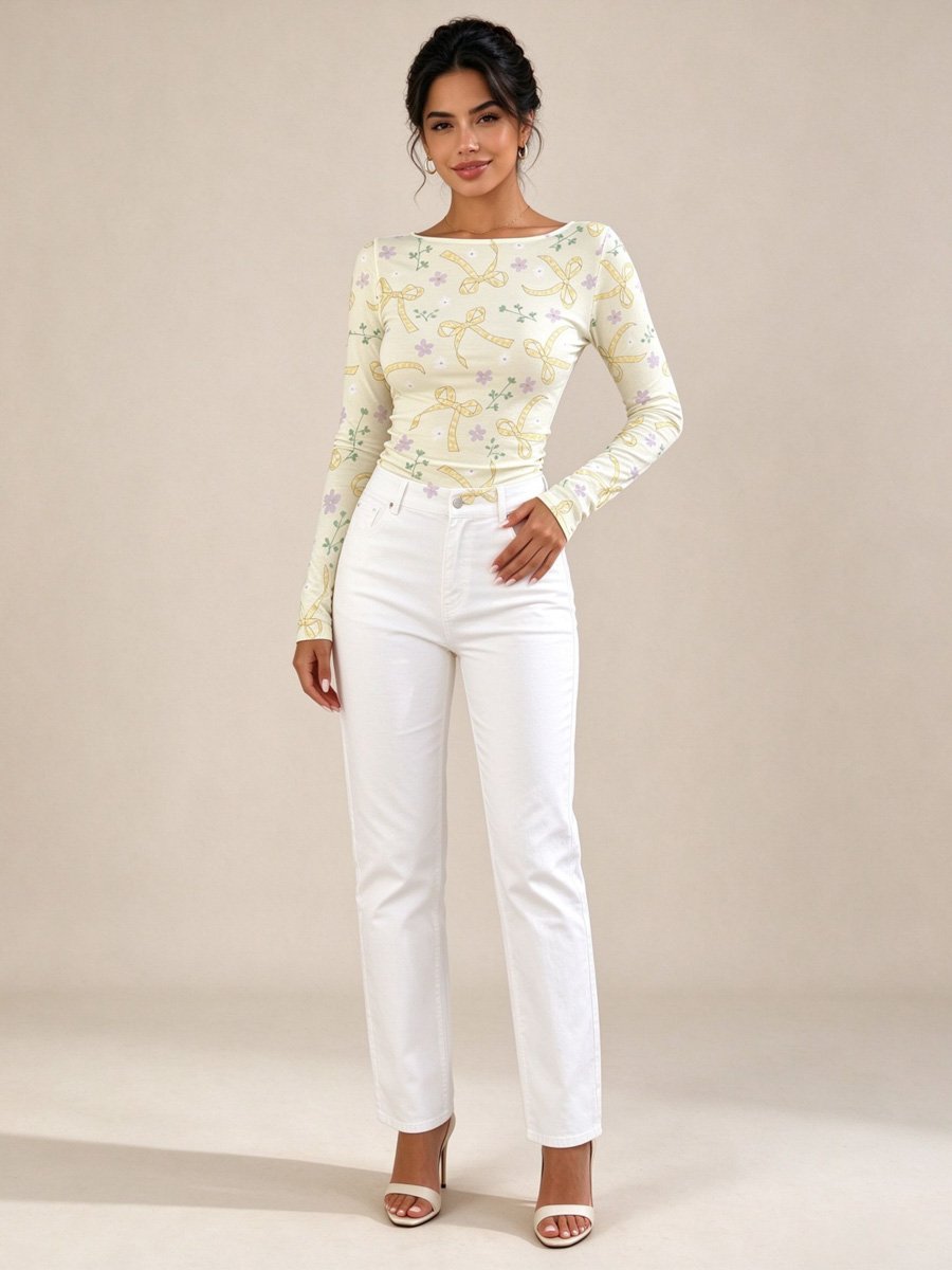 Cream Printed Long Sleeve T-Shirt