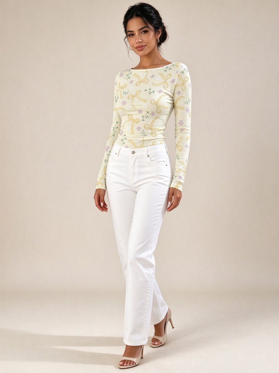 Cream Printed Long Sleeve T-Shirt