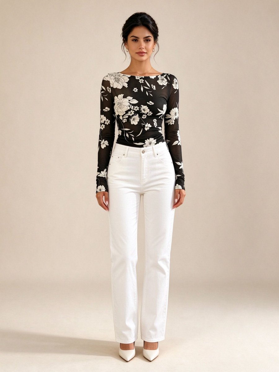 Black Floral Mesh Long Sleeve Boat Neck Top