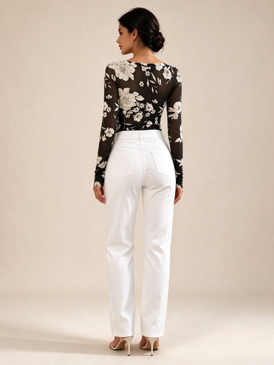 Black Floral Mesh Long Sleeve Boat Neck Top