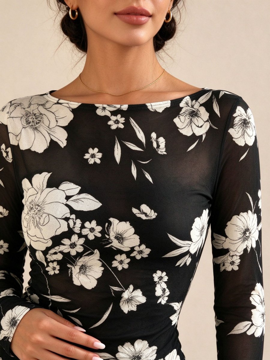 Black Floral Mesh Long Sleeve Boat Neck Top