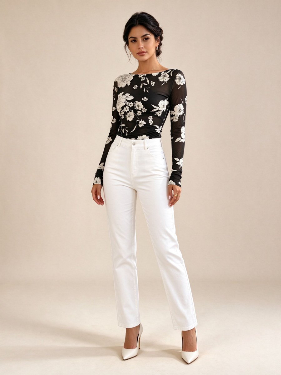 Black Floral Mesh Long Sleeve Boat Neck Top