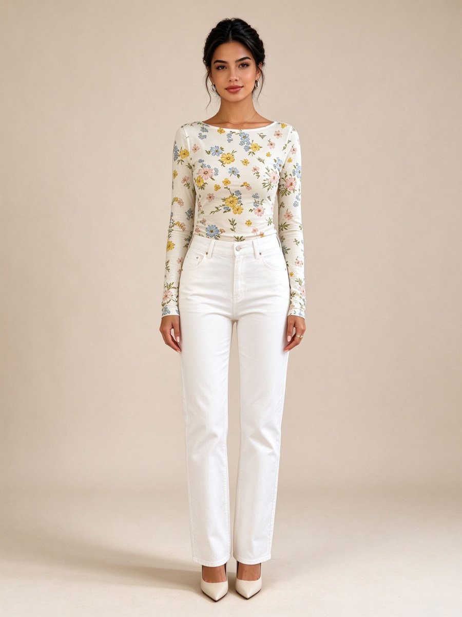 White Floral Print Long Sleeve Top