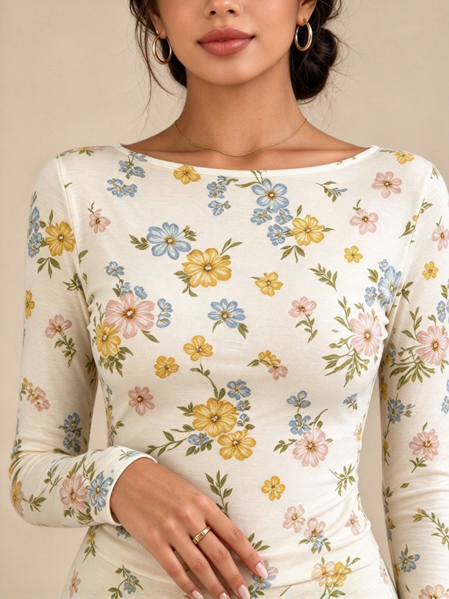 White Floral Print Long Sleeve Top