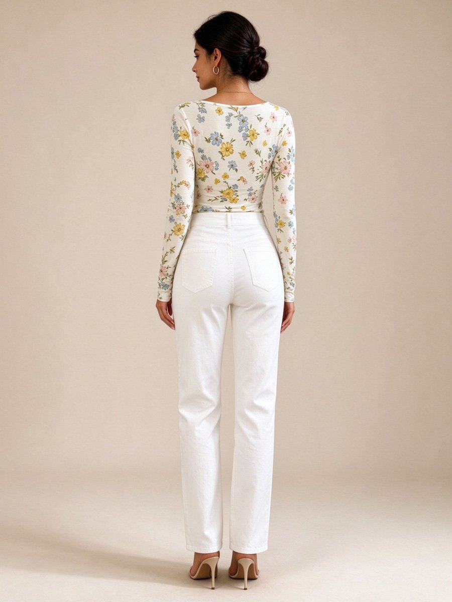 White Floral Print Long Sleeve Top