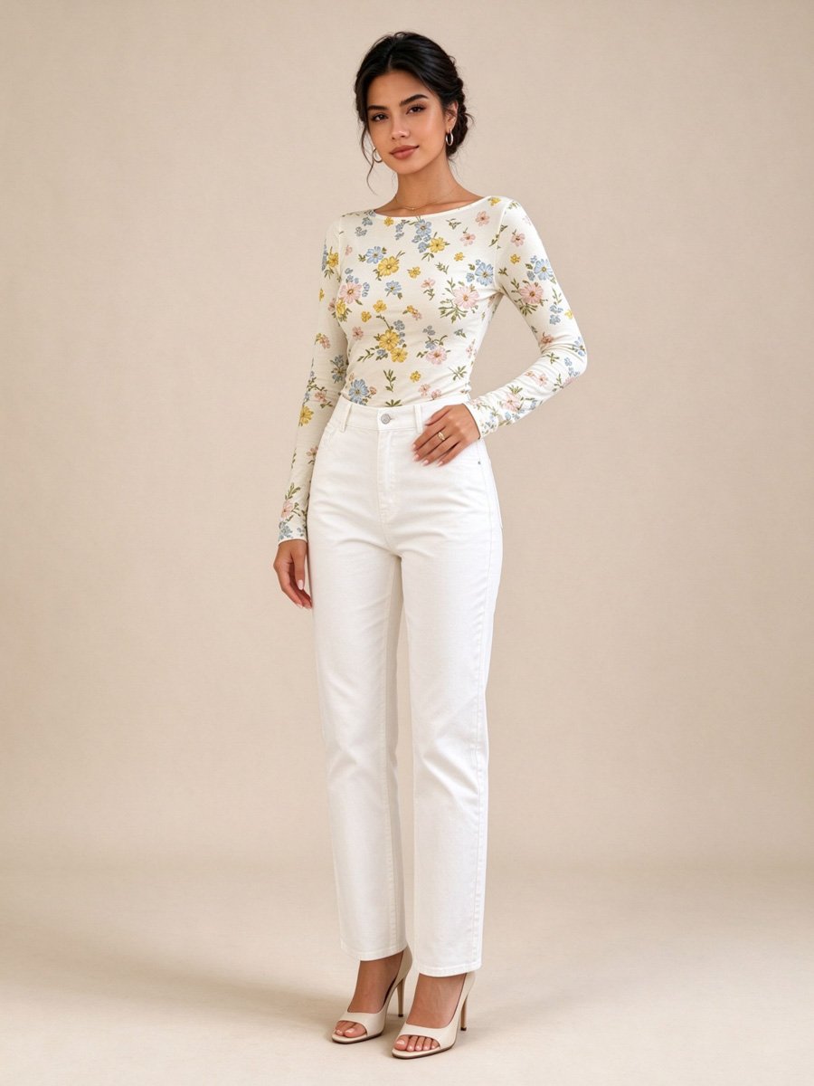 White Floral Print Long Sleeve Top