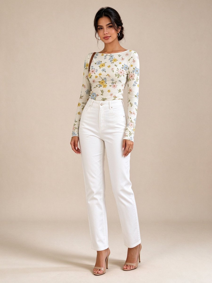 White Floral Print Long Sleeve Top