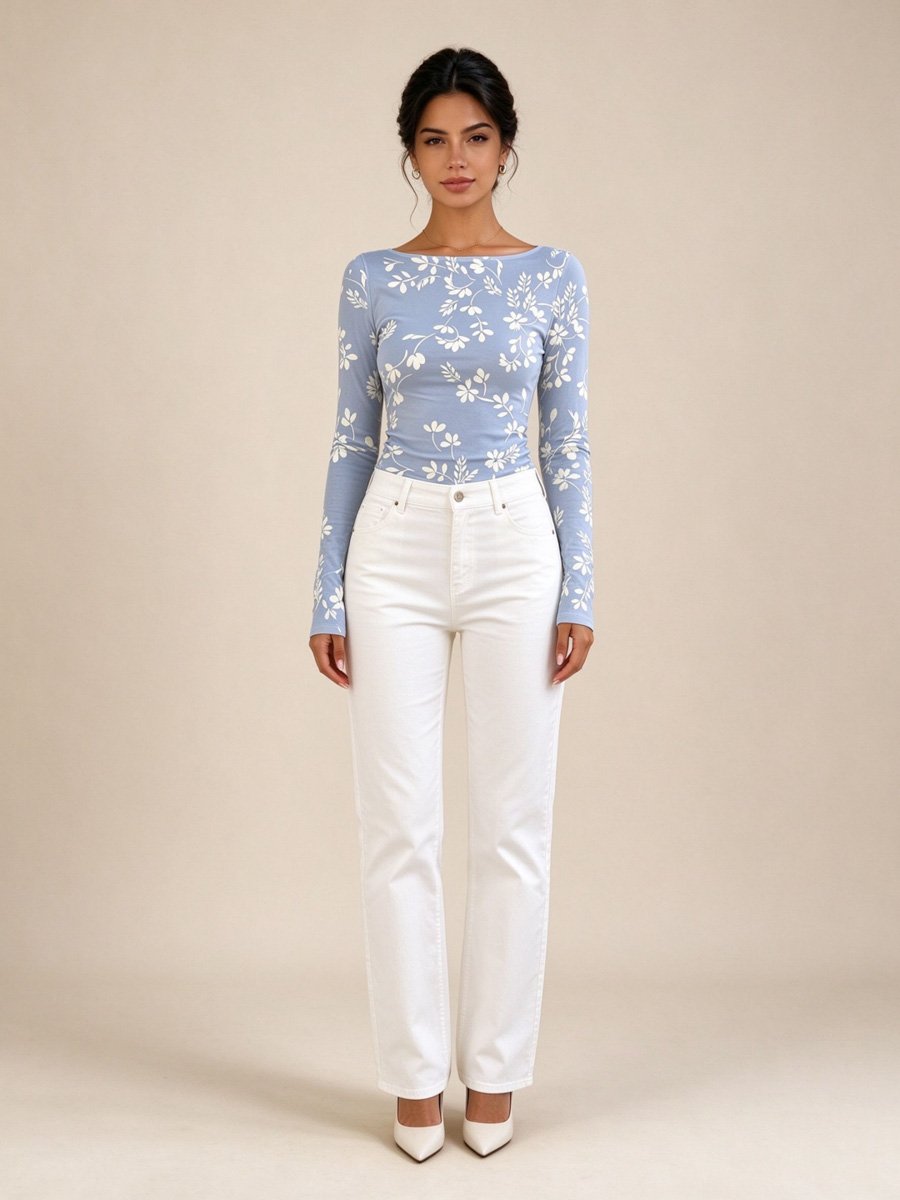 Blue Floral Boat Neck Long Sleeve Top
