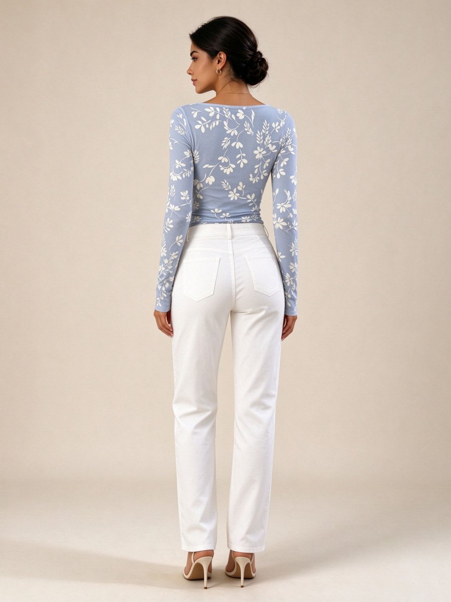 Blue Floral Boat Neck Long Sleeve Top