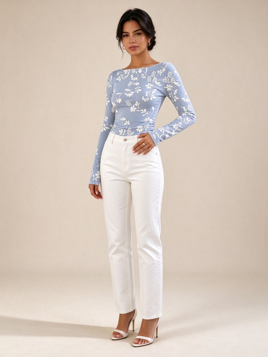 Blue Floral Boat Neck Long Sleeve Top