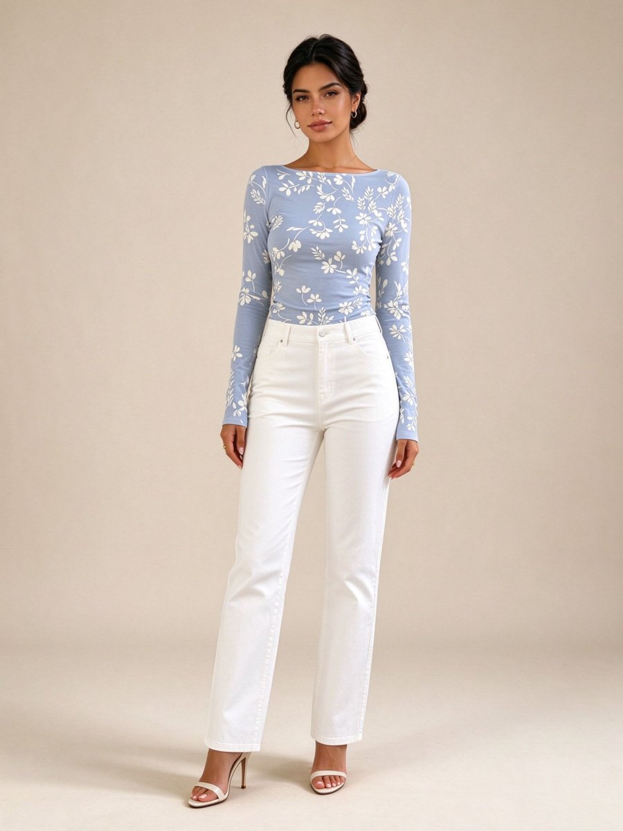 Blue Floral Boat Neck Long Sleeve Top
