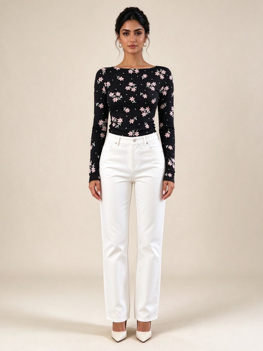 Black Floral Print Boat Neck Top