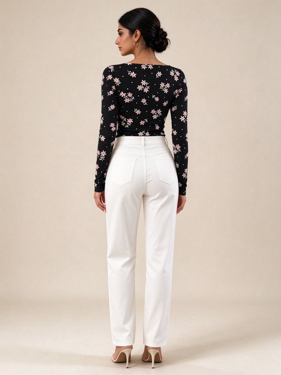 Black Floral Print Boat Neck Top