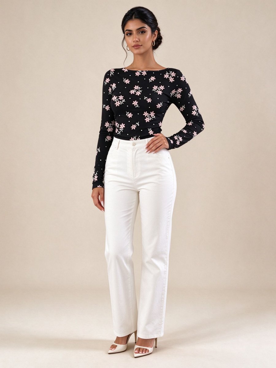 Black Floral Print Boat Neck Top