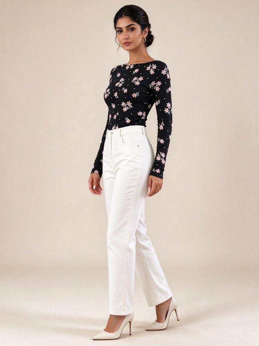 Black Floral Print Boat Neck Top